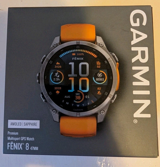 GARMIN Fenix 8 47 MM AMOLED Sapphire Titanium Watch (Orange Strap)